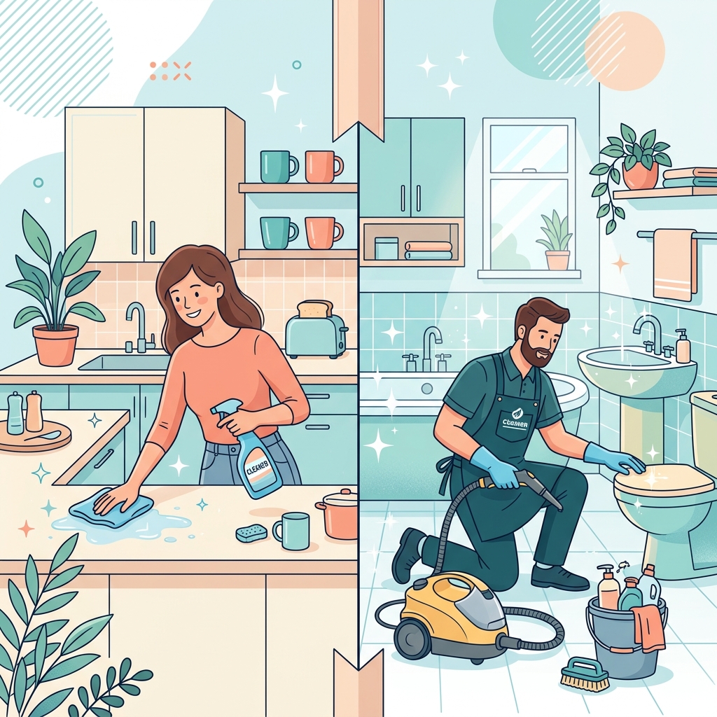 Illustration comparing regular surface cleaning with professional deep cleaning