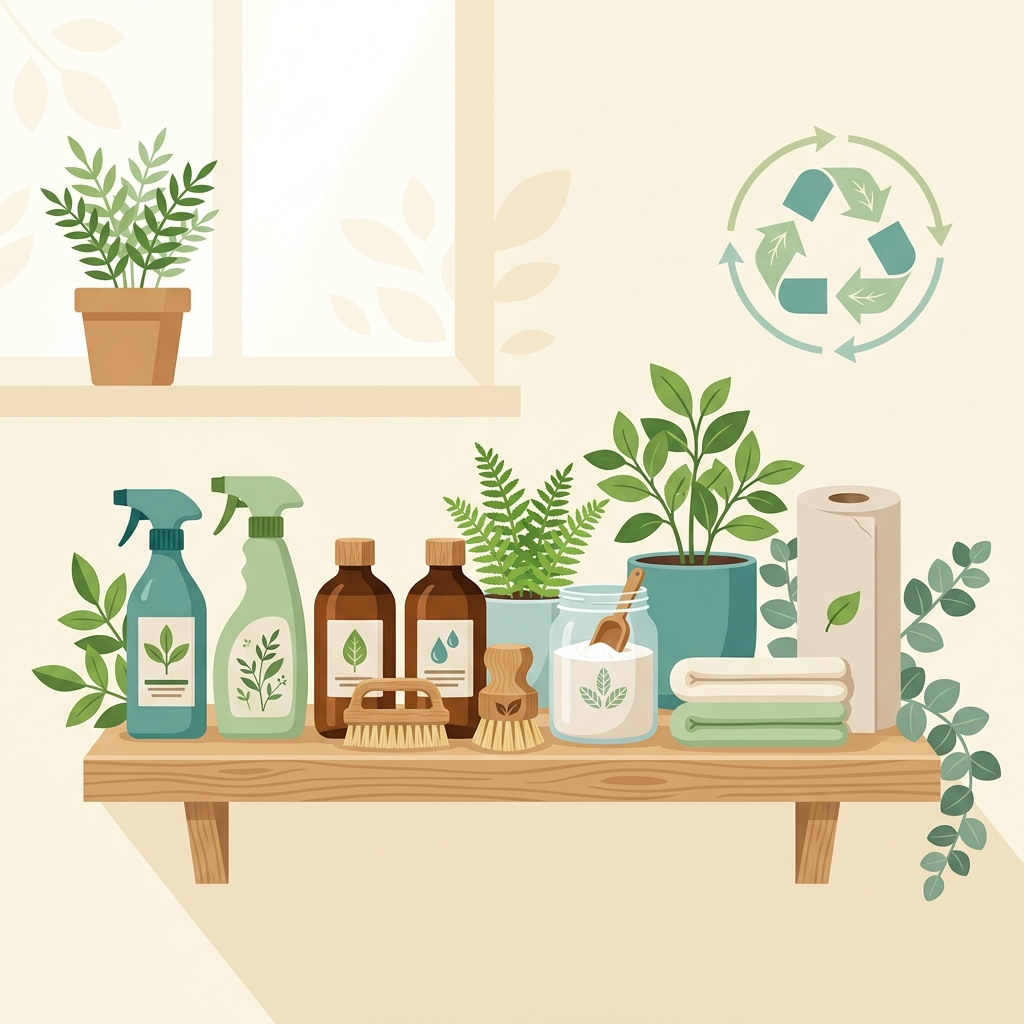 Shelf of plant-based, eco-friendly cleaning products, natural brushes, and cloths in a bright room