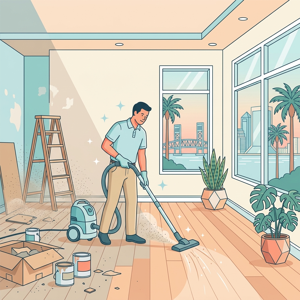 Illustration of a renovated room being professionally cleaned after construction