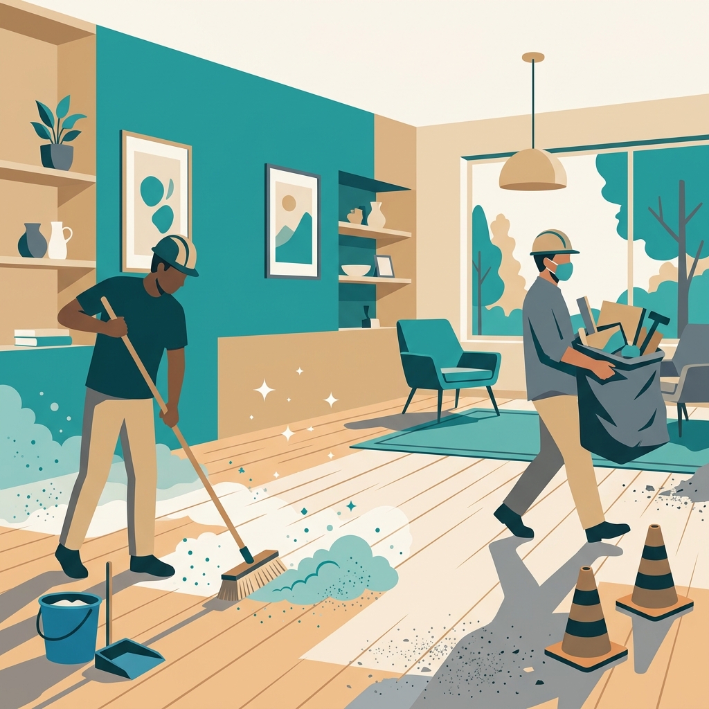 Two workers sweeping dust and carrying debris out of a living room during post-storm cleanup